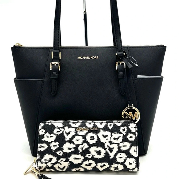 Michael Kors Large Charlotte Tote Bag & Large Continental Wallet Wristlet Black - Picture 1 of 15
